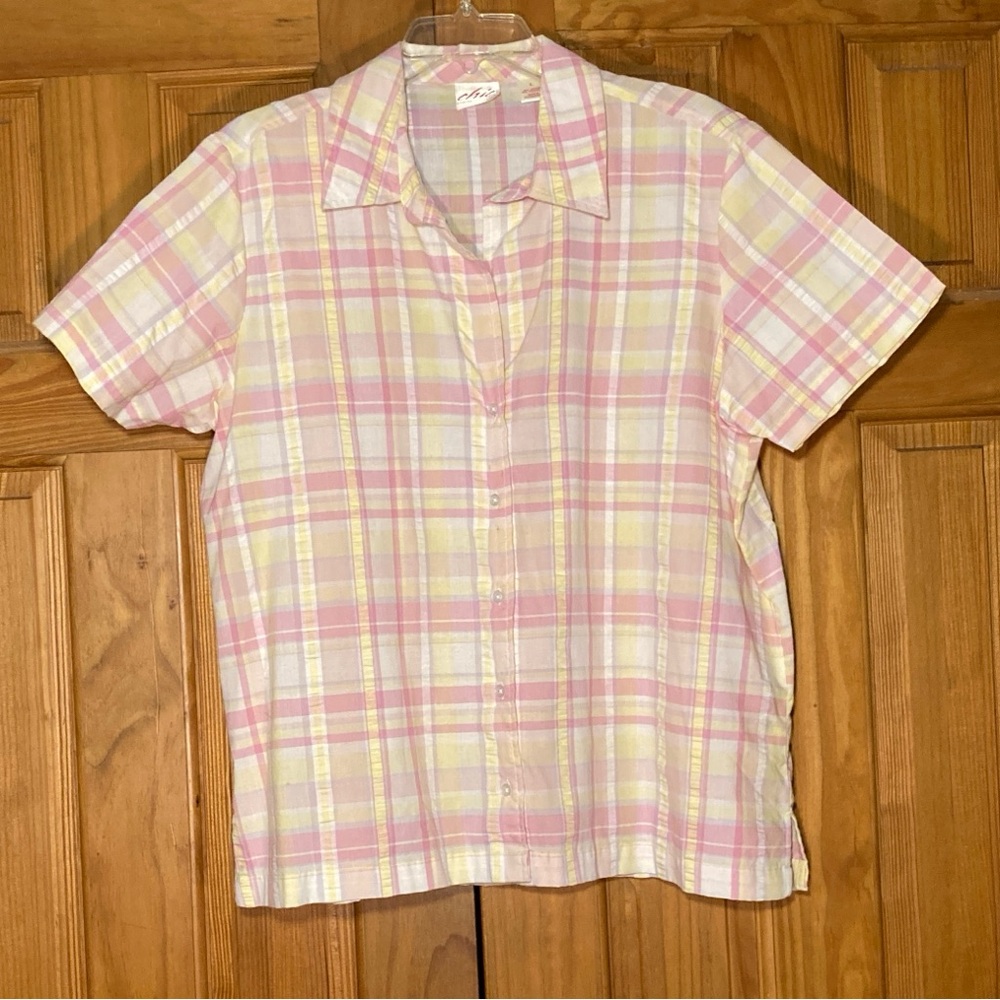 EUC Chic Vintage 90s Top Short Sleeve Blouse Plaid Pink Yellow White L Large